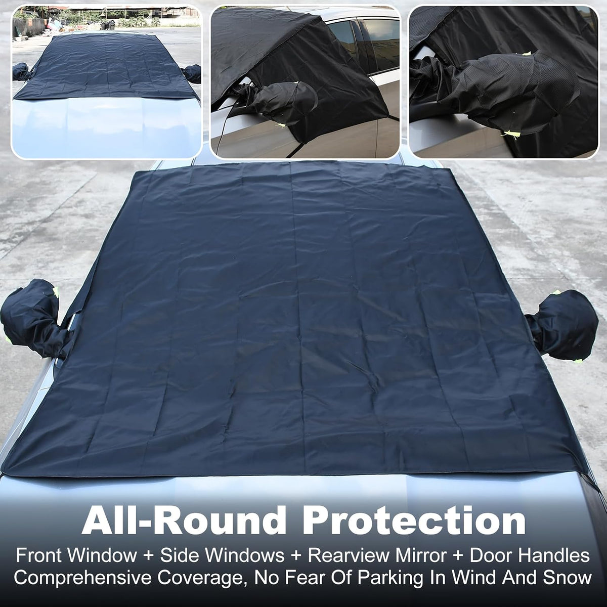 Car Windshield Sun Shade for UV Dust Ice Frost Snow Bird Droppings Outside - Extra Large Thick Oxford with 6 Straps, Summer Sunshade Winter All Weather Protector Cover Universal (Black)
