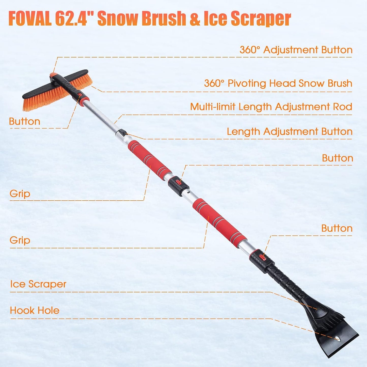 62.4" Snow Brush - Ice Scrapers for Car Windshield, 360°Pivoting Brush Head, Comfortable Foam Grip, Extendable Snow Removal Car Brush for Trucks SUVs, Essential Winter Tool