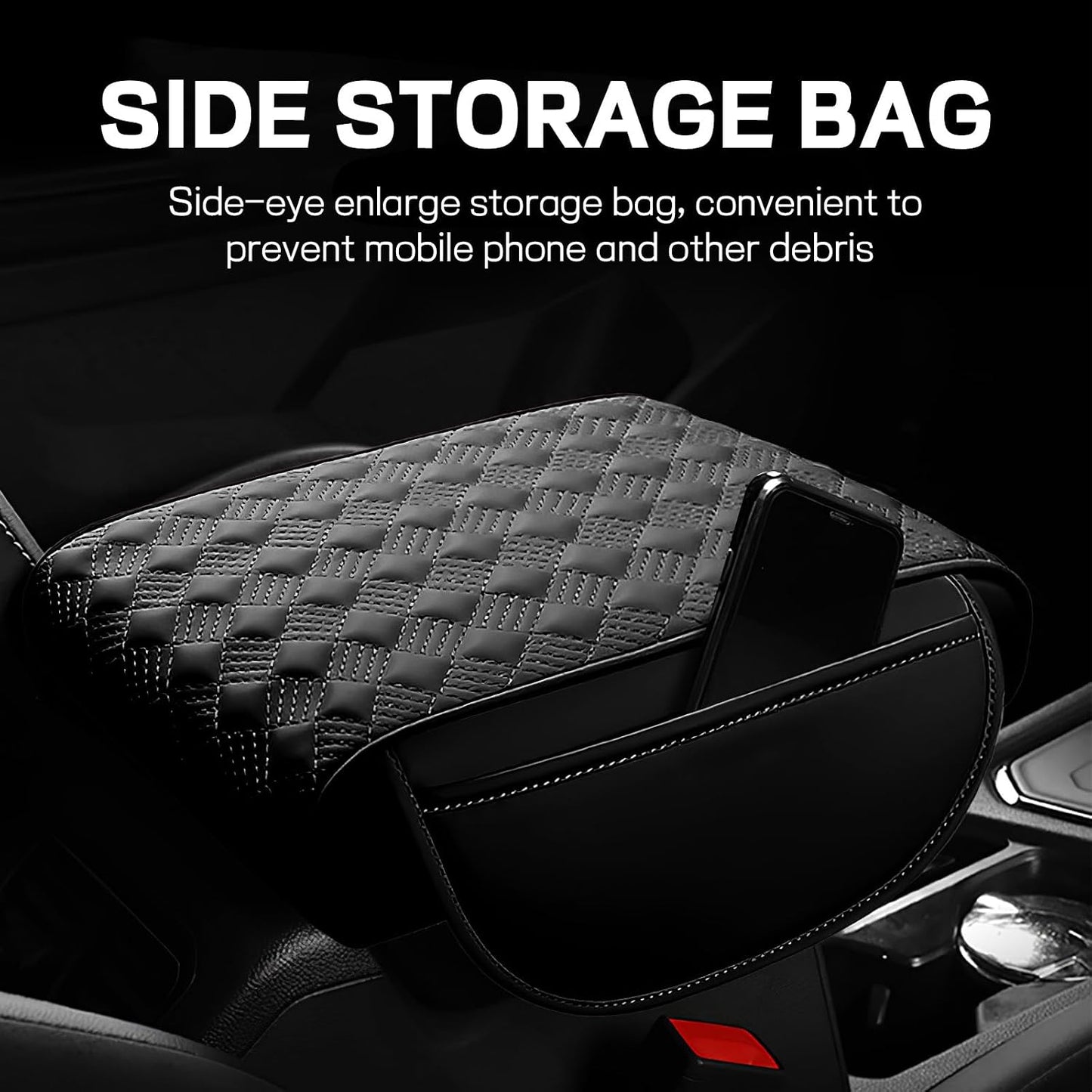 Car Armrest Cushion, 12.2"×8.3" Leather Auto Memory Foam Center Console Pad with Storage Pocket, Waterproof & Anti-Scratch Elbow Pillow Armrest Seat Box Protector, Universal Fit (Black)
