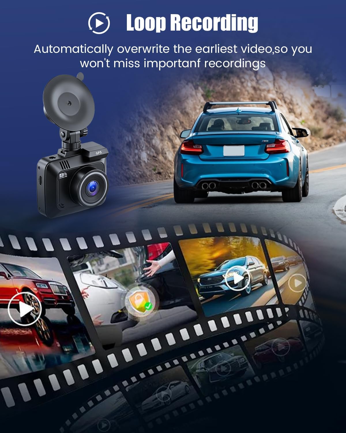 4K Dash Cam Front and Rear, Built-in WiFi & App Control, GPS
