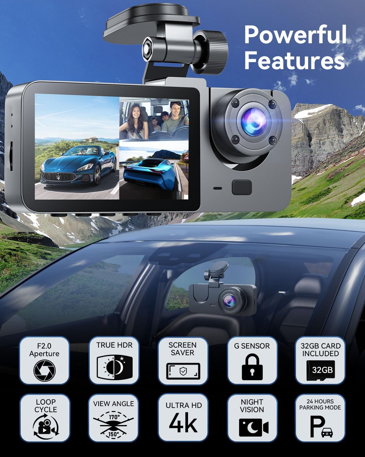 Dash Cam Front and Rear Inside 3 Channel, 4K Full HD Dash Camera for Cars