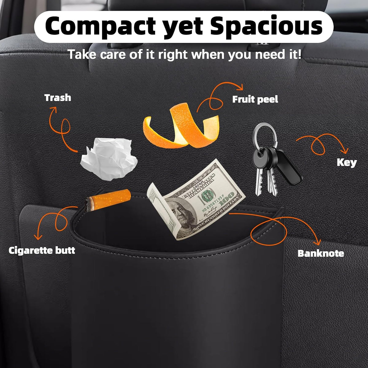 Small Car Trash Can,Cute Leakproof Car Trash Bin,Car Garbage Can Garbage Container Bin Hanging on the Door,Automotive Garbage Cans Organizer for Vehicle Back/Front Seat/Console (Black)