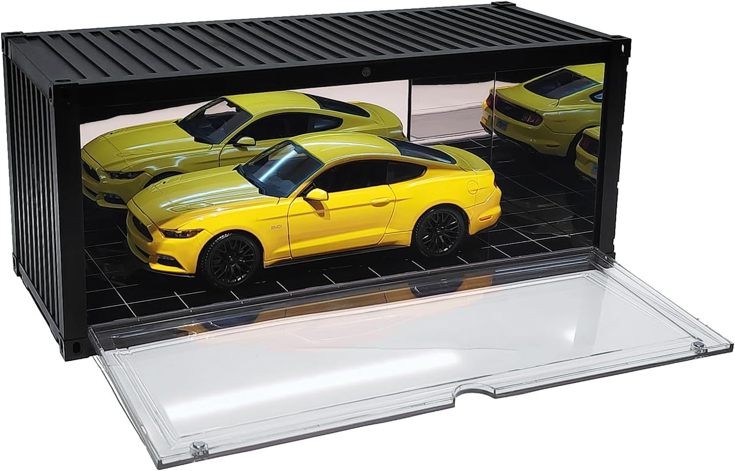 Display Case with LED Light for 1/18 Scale Model Car | Shipping Container Style Garage Diorama Show Case - Modern Mirror Reflective Interior, Grid Floor Showroom Design, Stackable