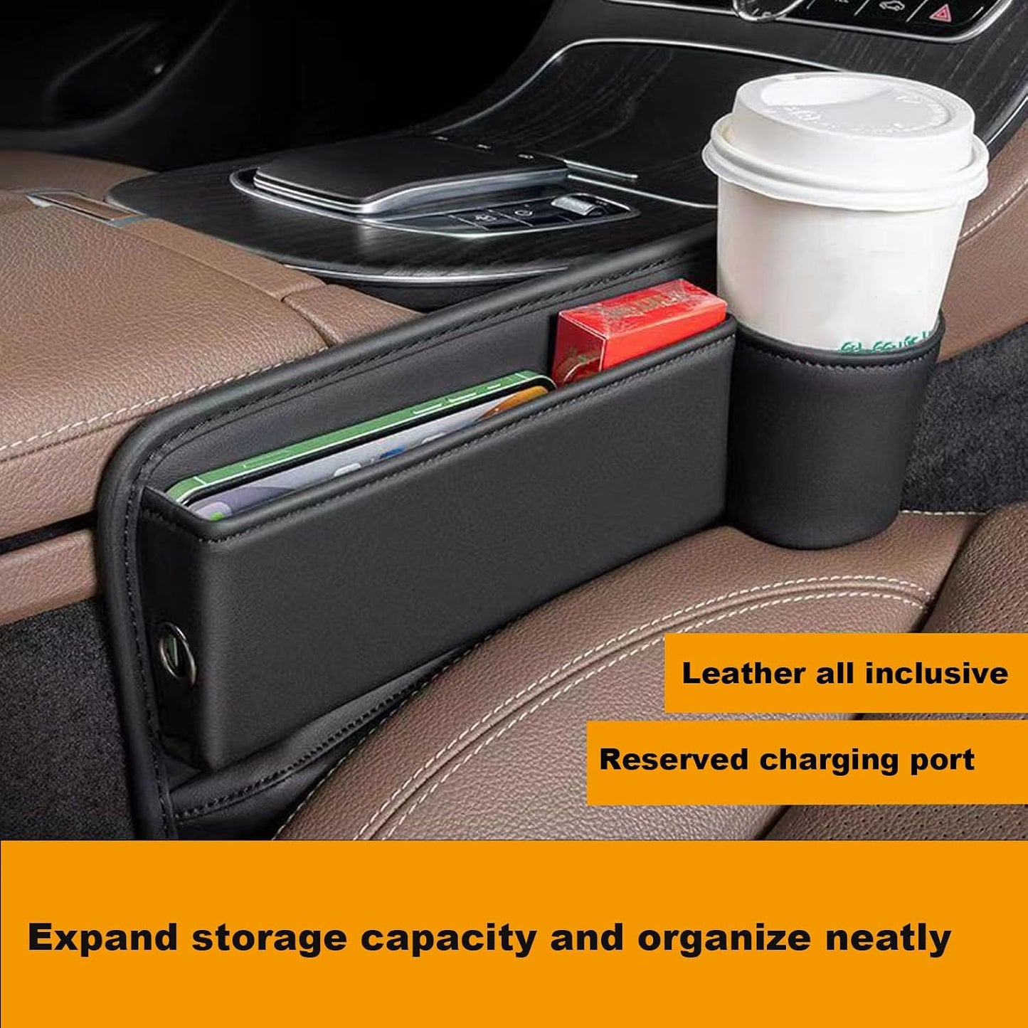 Car Leather Cup Holder Gap Bag for Mobile Phones Glasses Keys Cards Seat Gap Storage Box (2 Pack, Black)