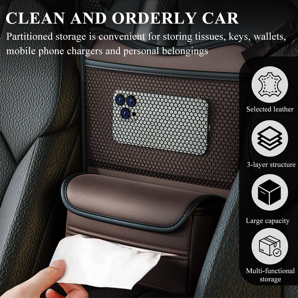 DXNQ Car Organizer Storage Between Seats, Leather Large Capacity Automobile Handbag Hanging Store Content Bag, Auto Console Organizer Holder for Snack Phone Document Storages, Car Accessories (Brown)