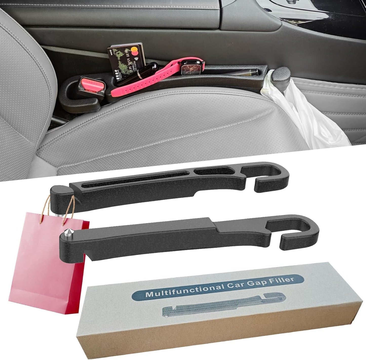 Car Seat Gap Filler 2 Pack with Organizer Hook Function & Car Glass Breaker,Prevents Small Items Tools from Falling Gap Stopper Seat Side Gap Filler for All Cars
