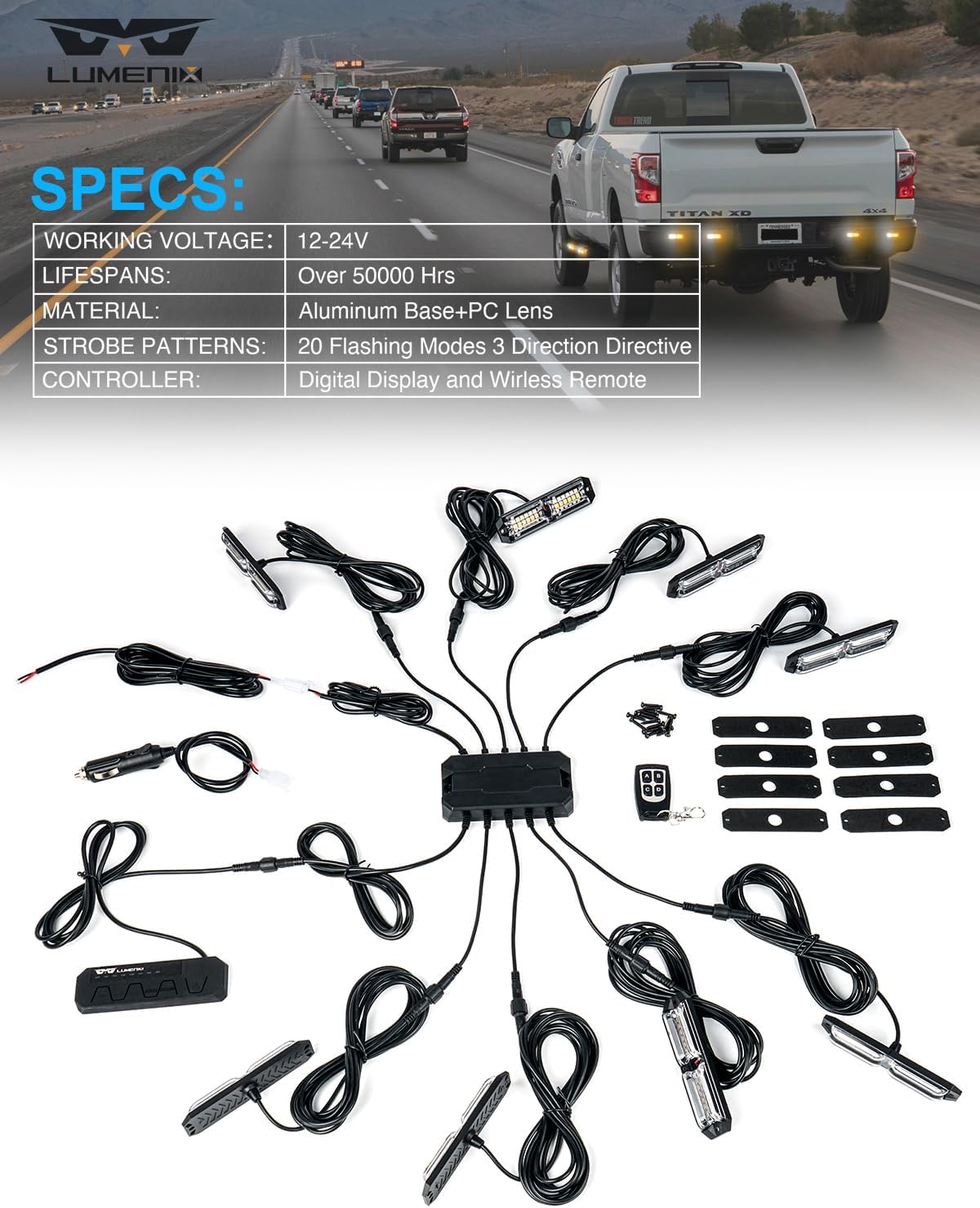 LUMENIX Grille Strobe Lights Kits for Trucks w/Controller, 8PCs High-Intensity LED Surface Mount Emergency Construction Vehicles Snowplow Towing Deck Side Marker Flashing Warning Light- Amber White
