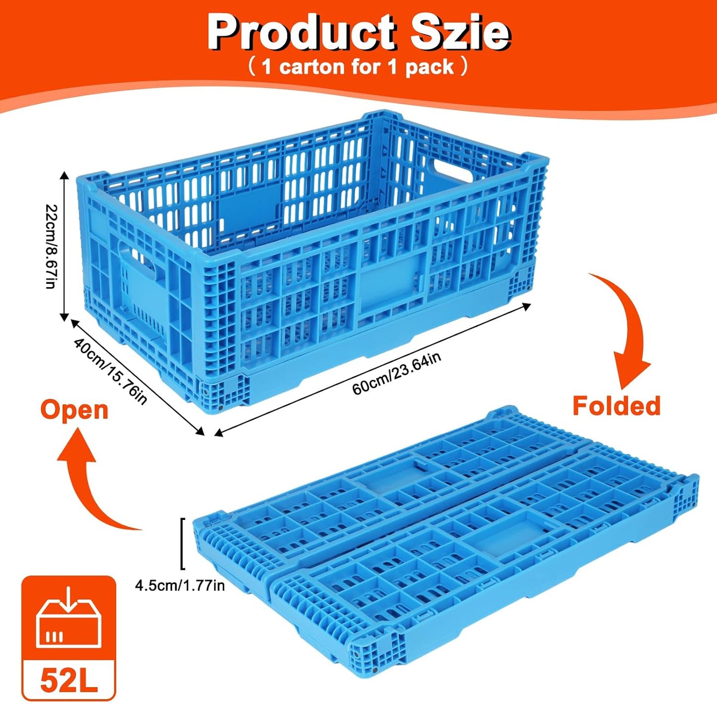 52L Plastic Collapsible Storage Bins with Handles, | Stackable Folding Storage Crates, Hold 130 lbs Per Bin, Heavy Duty Milk Crates Containers for Home Organizing