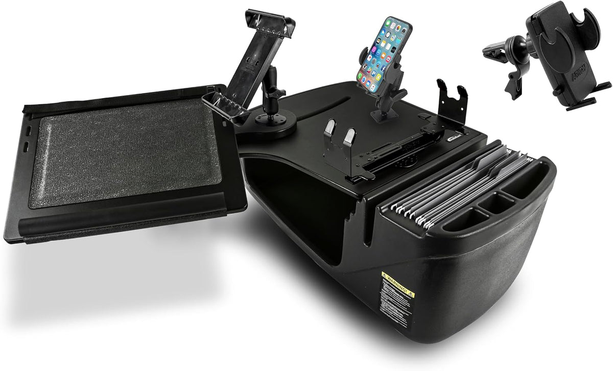 AutoExec Reach Desk Front Seat Car Desk and Portable Workstation with Printer Stand, Phone Mount, Tablet Mount and Phone Vent Clip, Black