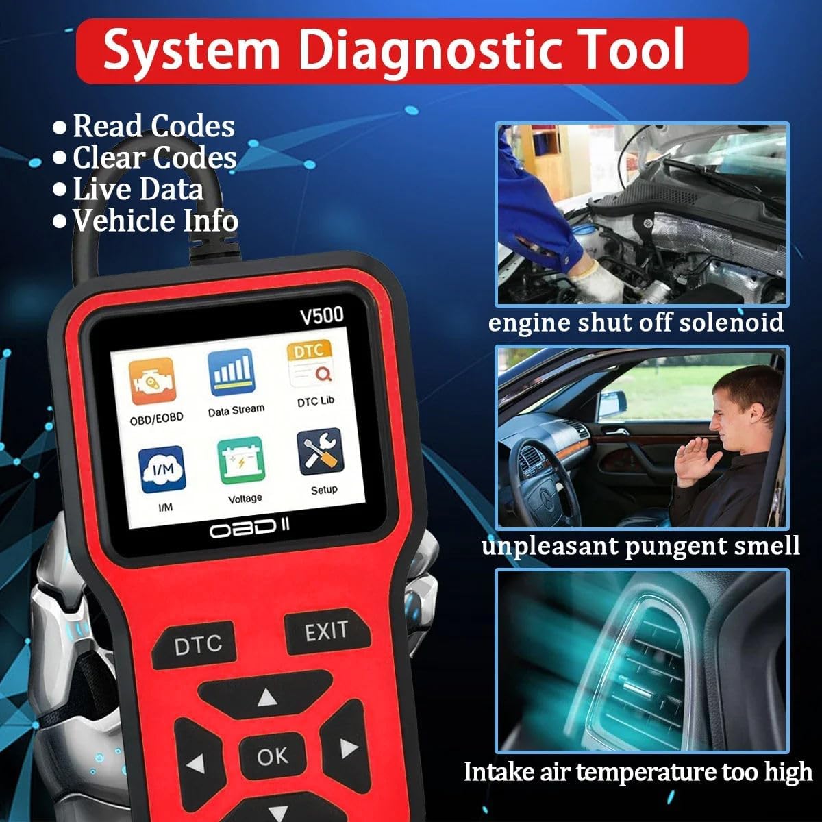 V500 OBD2 Scanner Diagnostic Tool, Professional Code Reader with Live Data Stream, DTC Lookup, I/M Readiness, O2 Sensor Test, EVAP System Test, Vehicle Info Display