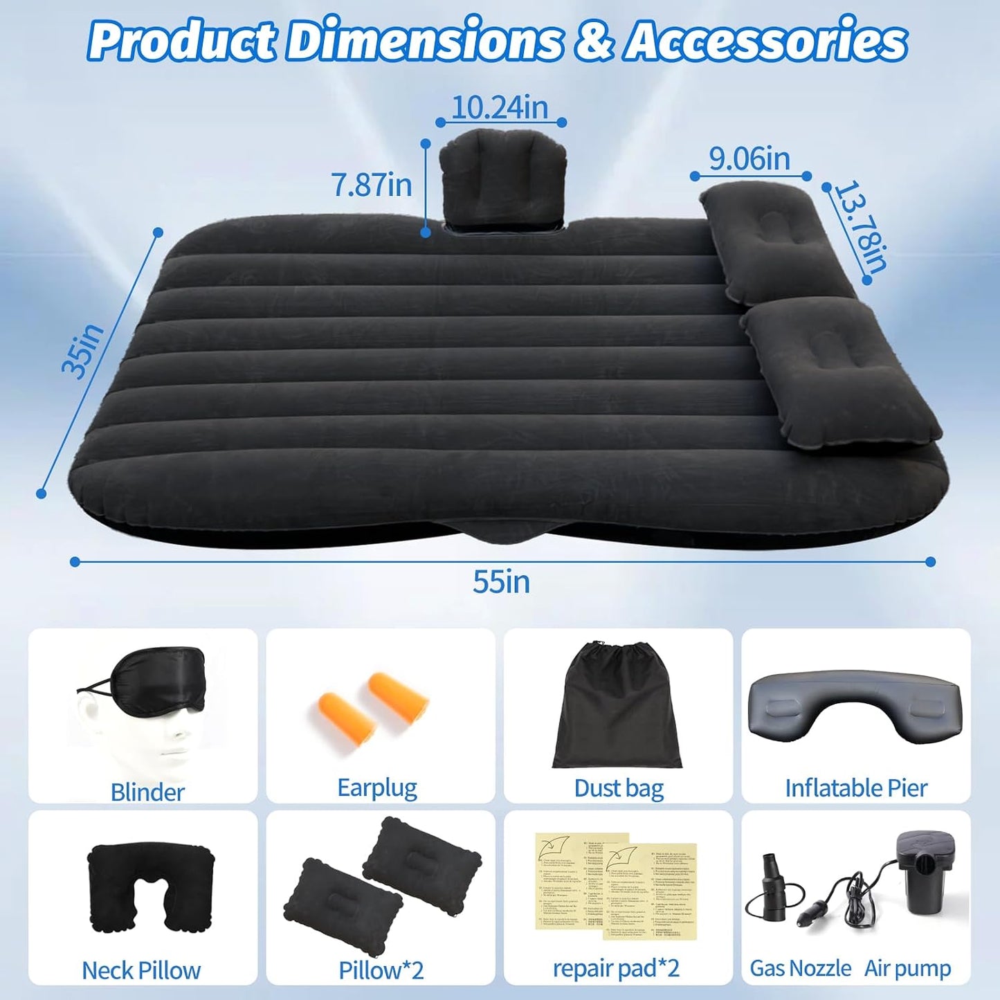 Onirii Inflatable Car Air Mattress Back Seat Bed with Air Pump | 55" (L)x 35" (W) Portable Thickened Car Travel Camping Sleeping Air Mattress Blow Up Bed for Mid-Size,Full-Size Car SUV