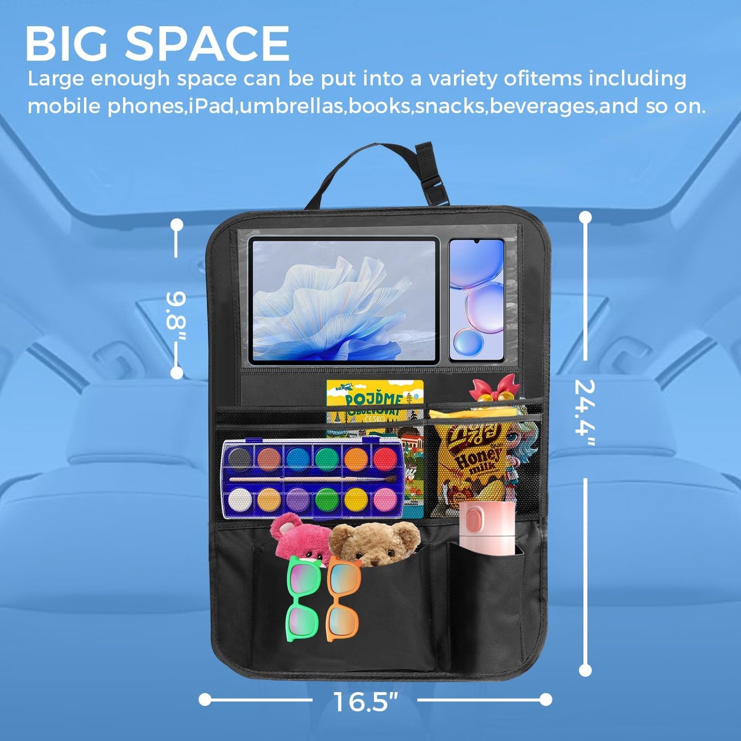 Backseat car organizer(2-Pack),9 storage pockets, car organizer with tablet holder,Car travel essentials for long trips，Car organizers and storage