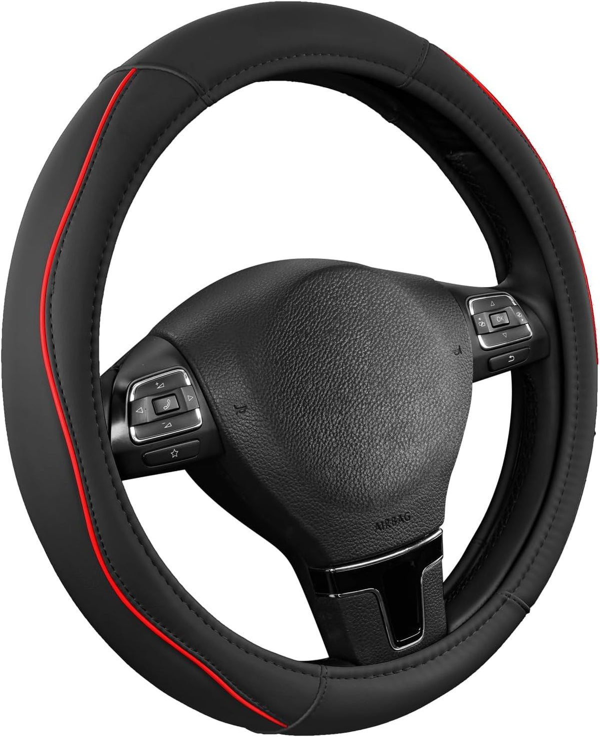Road Comforts Leather Steering Wheel Cover with Decorative Trim and Piping, Anti-Slip Breathable Design, Fits 14.5–15 Inch Round Steering Wheels, Snug Fit, Stylish Interior Upgrade - Red
