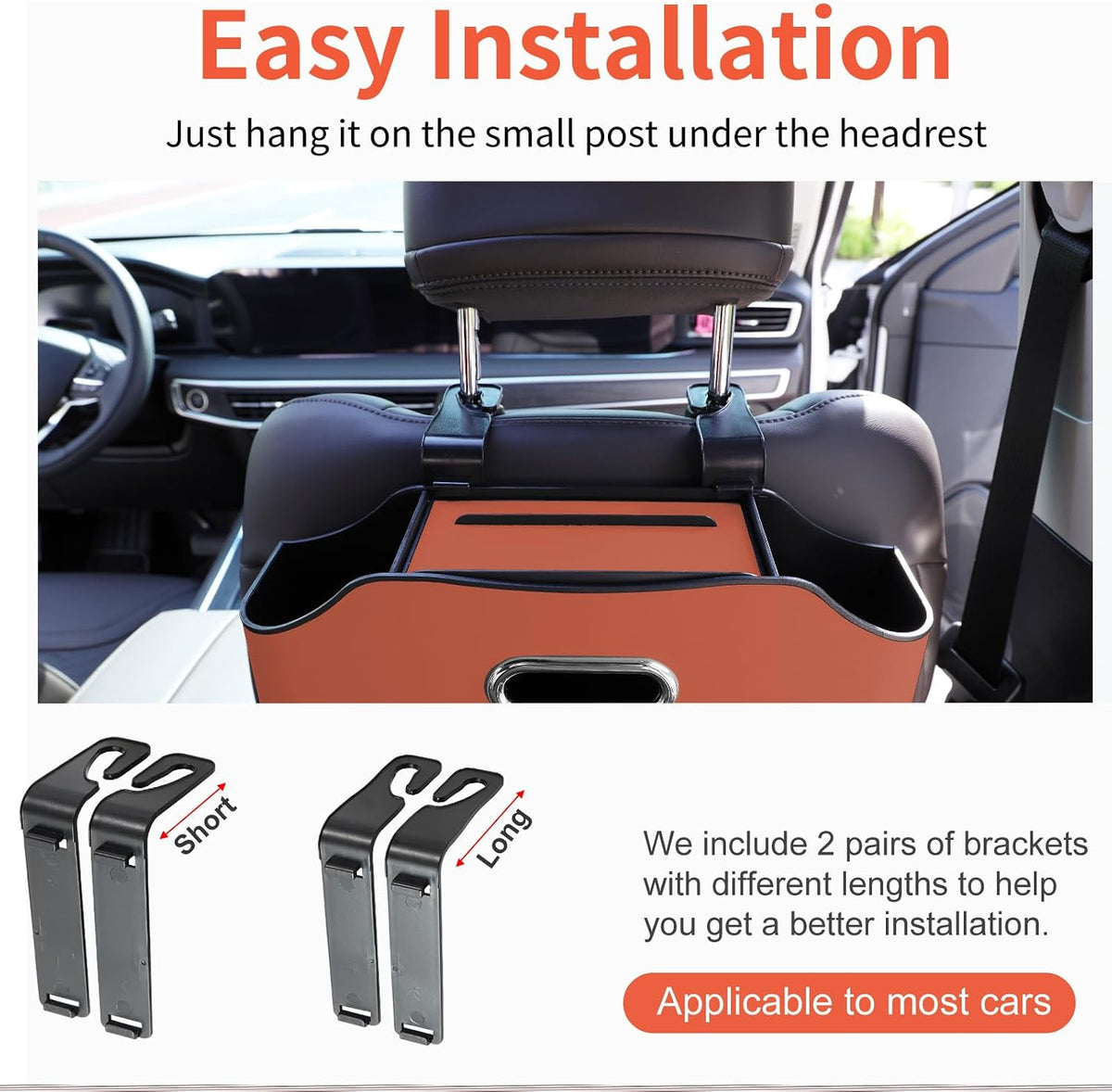 Back Seat Cup Holder for Car – Multifunctional Seat Back Organizer with Drink Holders, Tissue Box Storage & Hooks, Fits Headrest for Auto. (Orange)