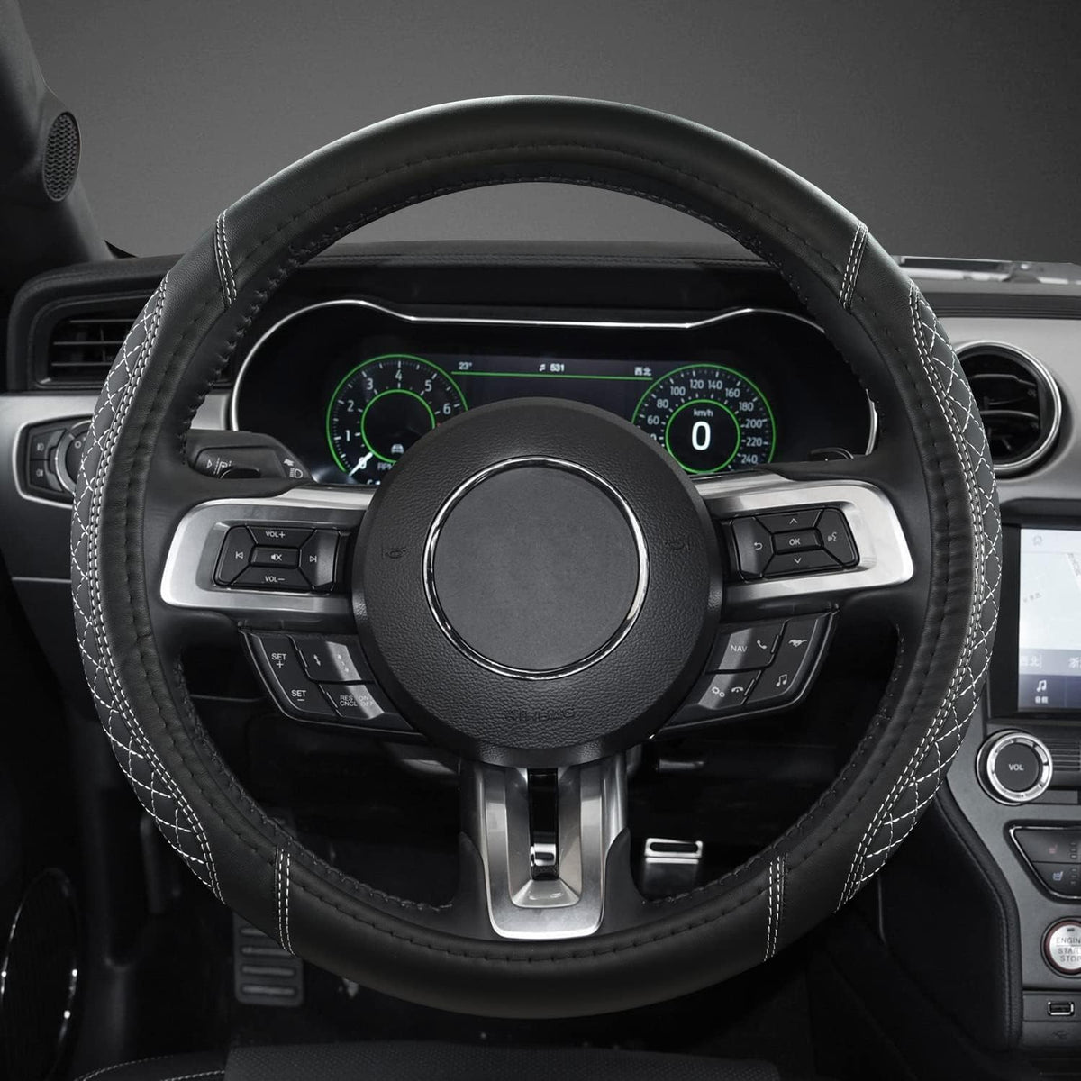 West Llama Car Steering Wheel Cover for Ford Escape,Explorer,Fusion,Focus,Bronco,Transit,Edge(Diamond Quilted - Black+Gray- Standard Size)