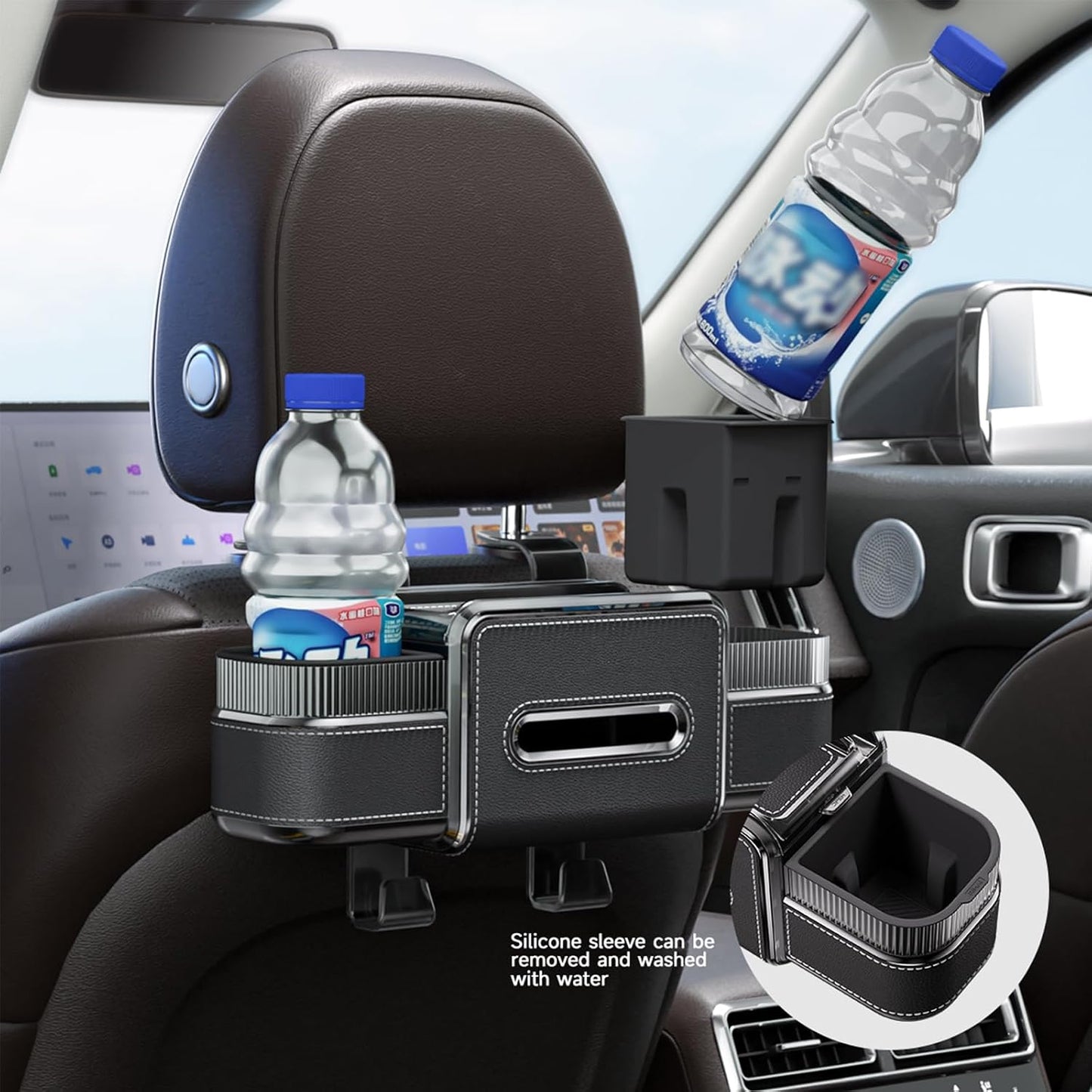 Multifunctional Car Seat Back Organizer Box with Drink Cup Holder, Makeup Mirror, Tissue Box& Hooks for Car Seat Back, New Upgrade Car Headrest Backseat Organizer Suitability for Wife, Girlfriend
