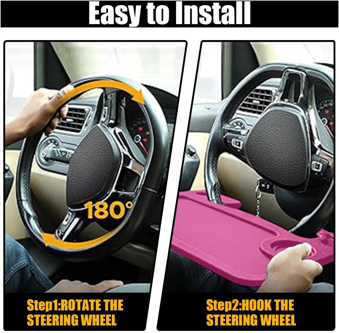 GLSOWEE Car Steering Wheel Tray, Computer Office Car Table Tray, Auto Steering Wheel Desk for Eating, Multipurpose Car Desk Travel Accessories for Most Vehicles Steering Wheel (Pink)