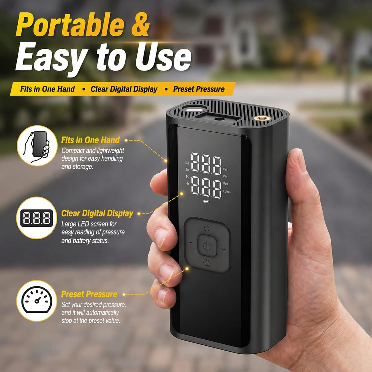 Tire Inflator Portable Air Compressor, 150 PSI 12V DC Corded Car Air Pump with Auto Shut-Off, Digital Display, LED Emergency Light, 3m Power Cord for Car, Motorcycle, Bike, Balls