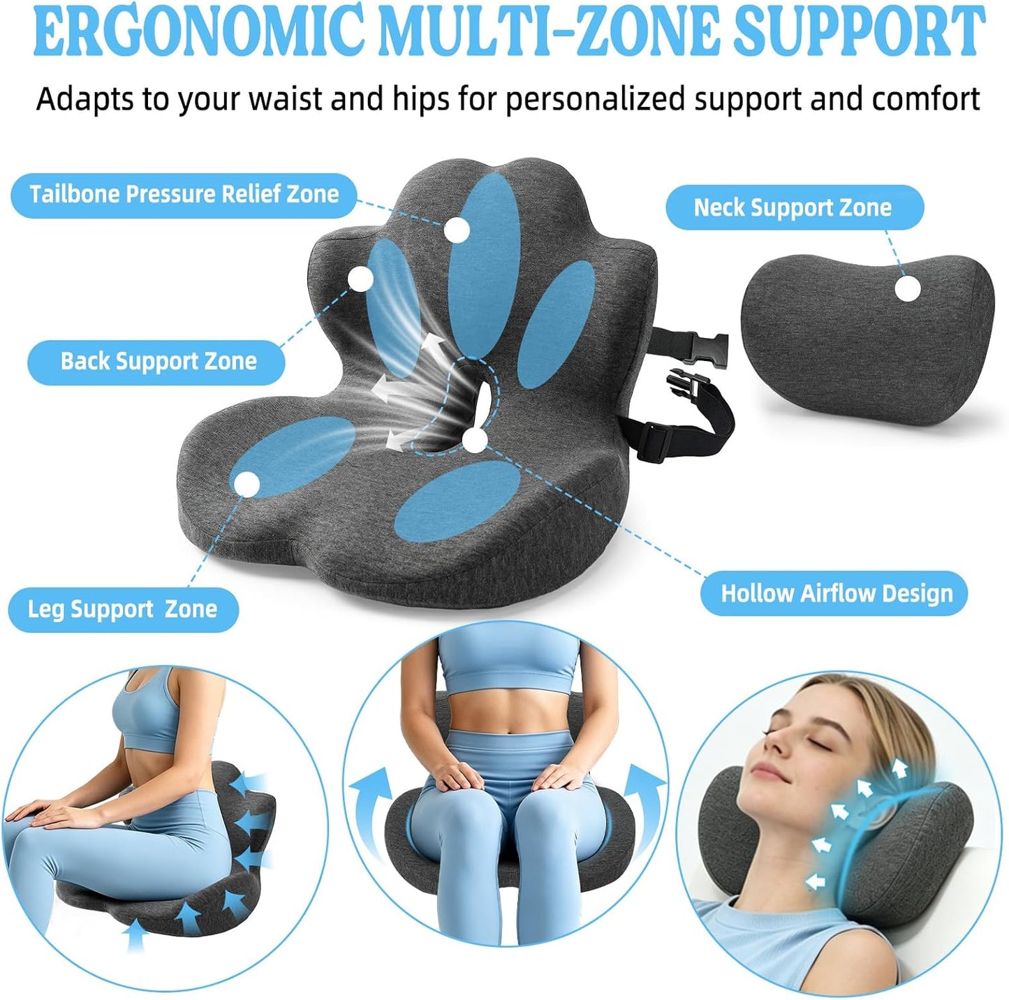 3-in-1 Memory Foam Seat Cushion & Headrest Pillow with Lumbar Support L-Shaped Ergonomic Driver Seat Cushions Design for Sciatica and Tailbone Pain Relief Comfort for Car,Truck,Chair