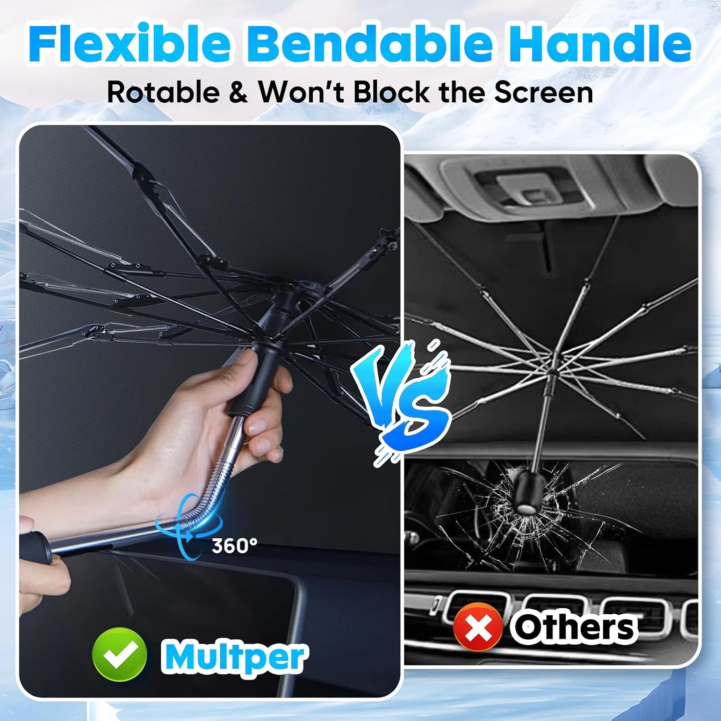 Multper Car Windshield Sun Shade - Reflective Foldable Sunshade Umbrella for UV Rays & Heat Protection, 360° Rotation Bendable Front Window Shield Easy Storage & Keeps Interior Cooler - 55"*31.5"