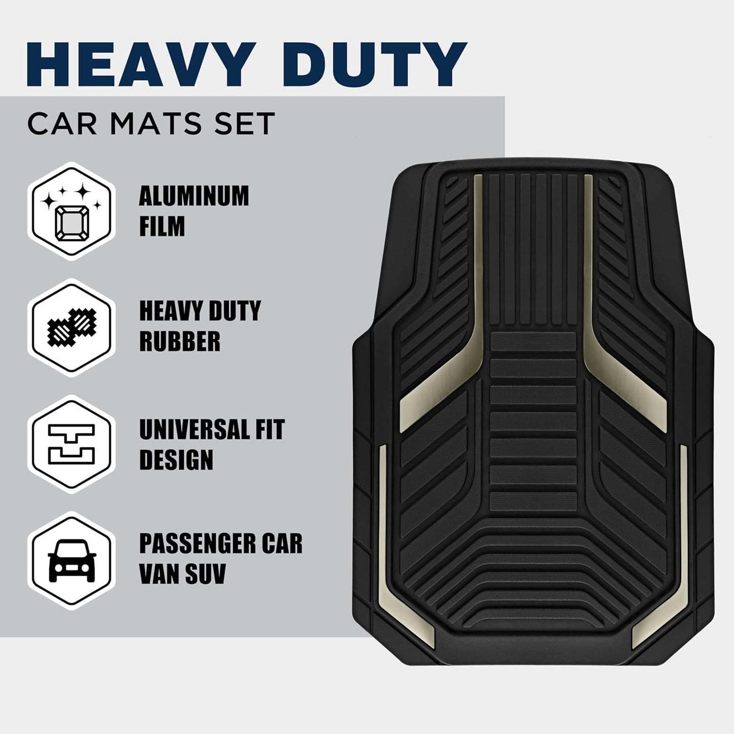 PIC AUTO Heavy Duty Rubber Floor Mats, Gray Aluminum Film Car Mats Set, Front and Rear Car Mats with Anti-Slip Backing, All Weather Protection, Trim-to-Fit for Automotive SUV, Sedan, Van
