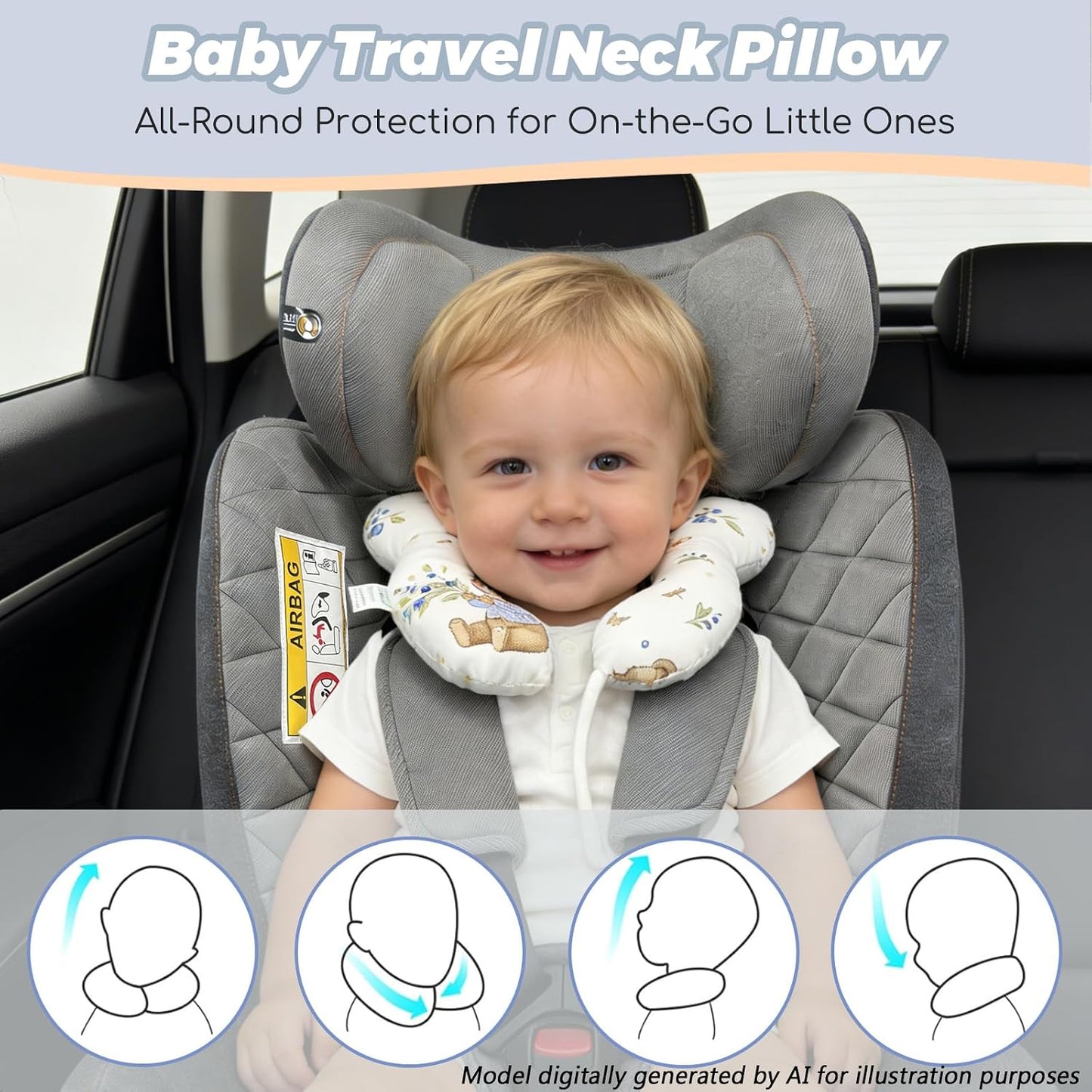 Baby Neck Pillow, U-Shape Pillow for Car Seat and Stroller, Lightweight Comfort Pillow for Babies and Toddlers (Berry Bear)