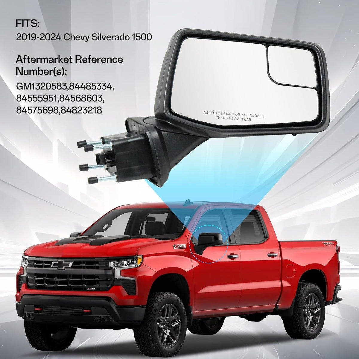 Passenger Right Side Door Mirror for 2019-2024 Chevy Silverado 1500, with Heated Power and Convex Blind Spot Glass Temperature Sensor Manual Folding, Replace#GM1321583(7 Pins)