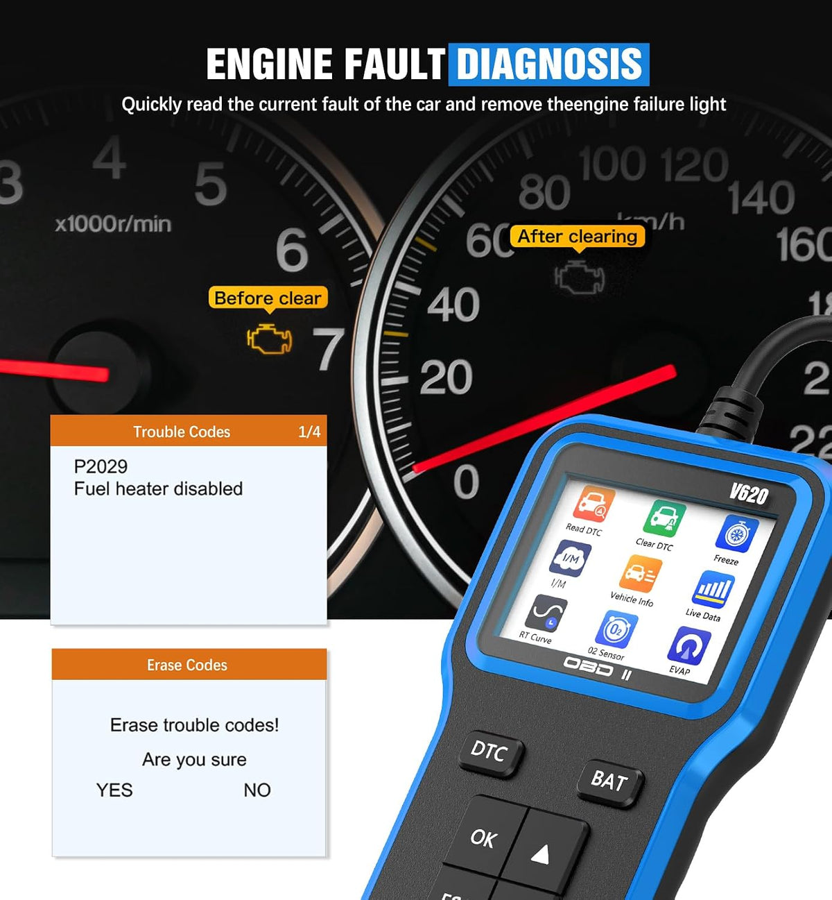 OBD2 Scanner & Battery Tester, Car Diagnostic Tool for Check Engine Light