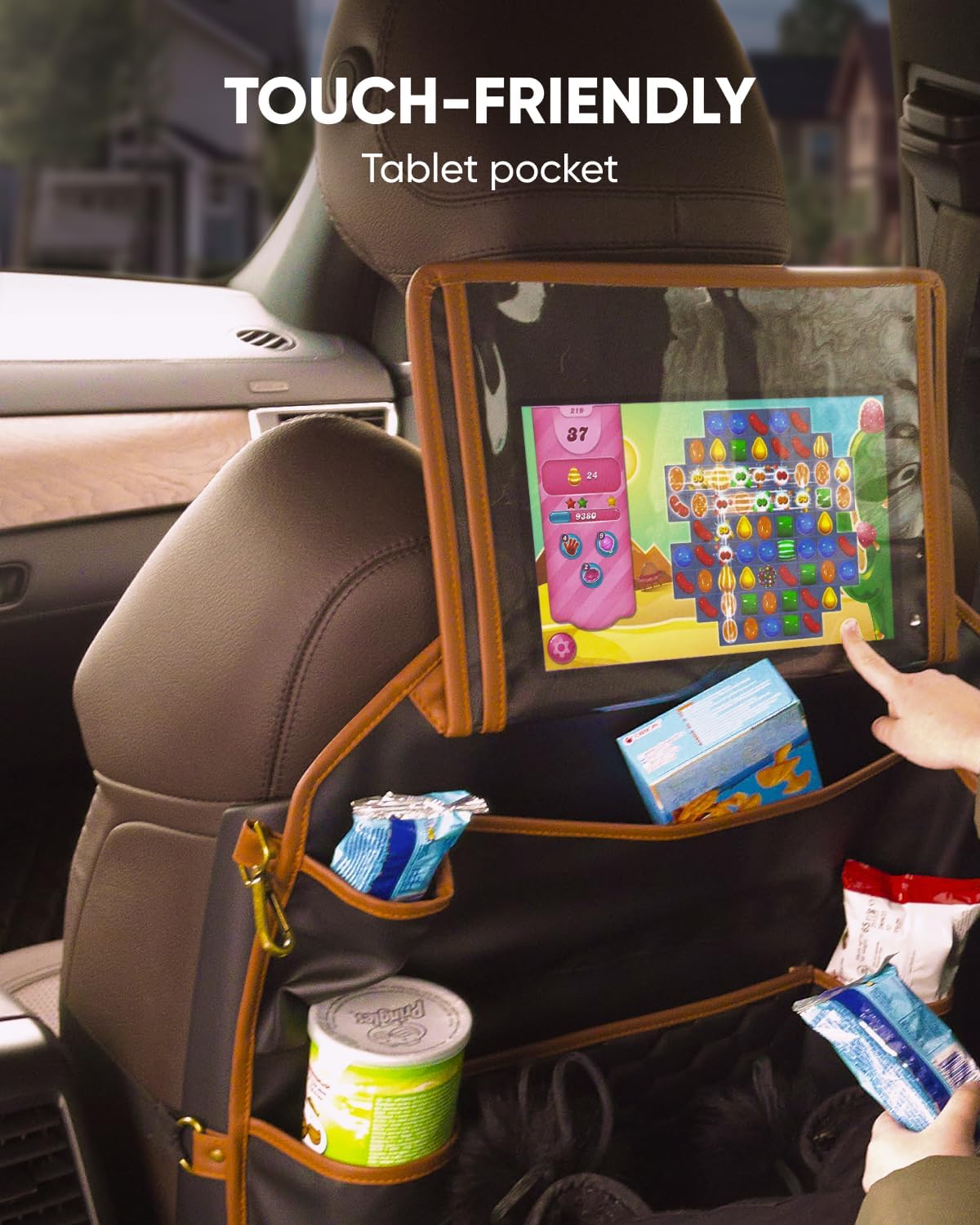 Owleys Back of Seat Organizer for Kids | Car Storage Caddy – 8 Pockets + Transparent Tablet Holder | Waterproof Eco-Leather | 27.5' x 18.5' | Brown+Black