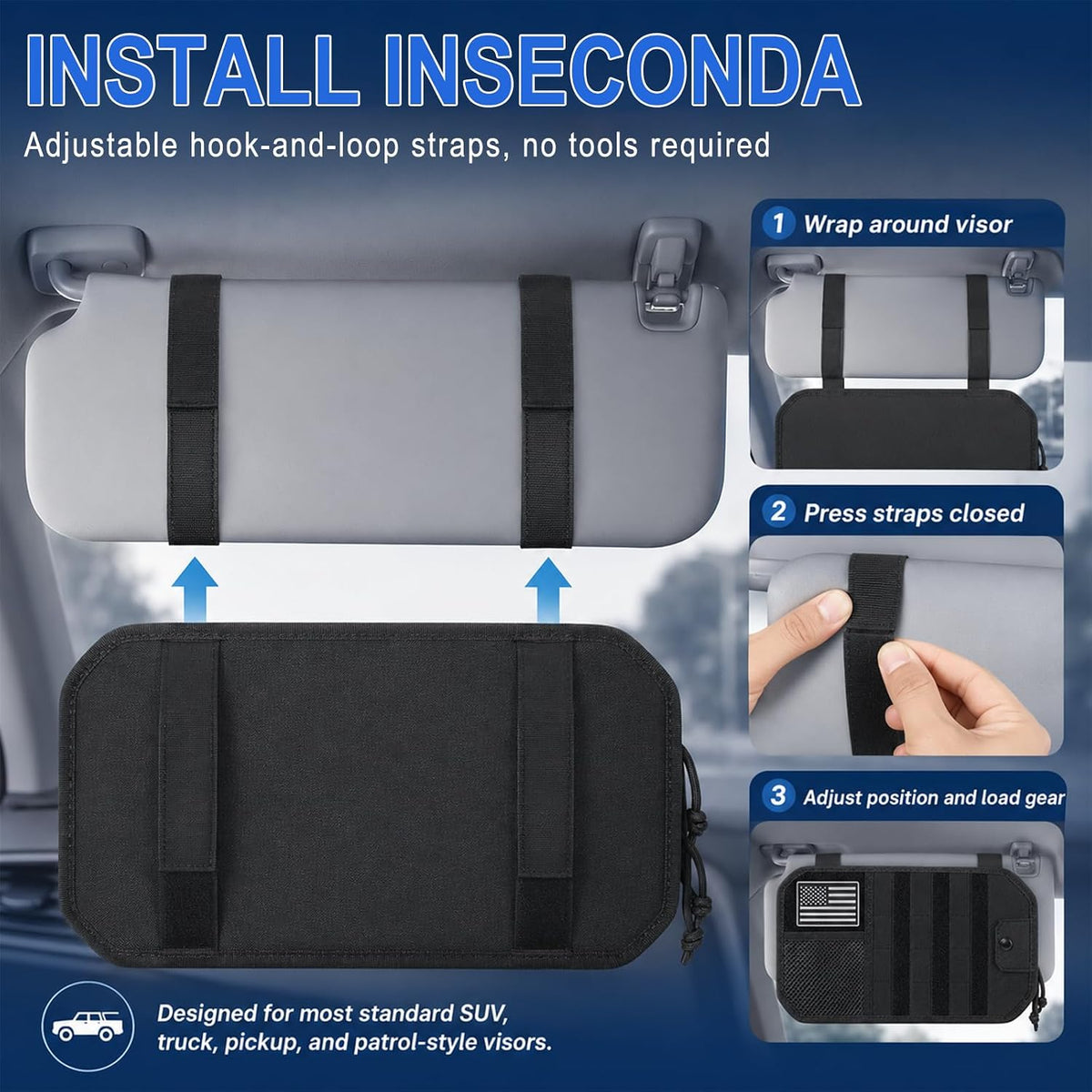Molle Panel Car Sun Visor Organizer, Zipper Storage Pouch & Glasses Clip