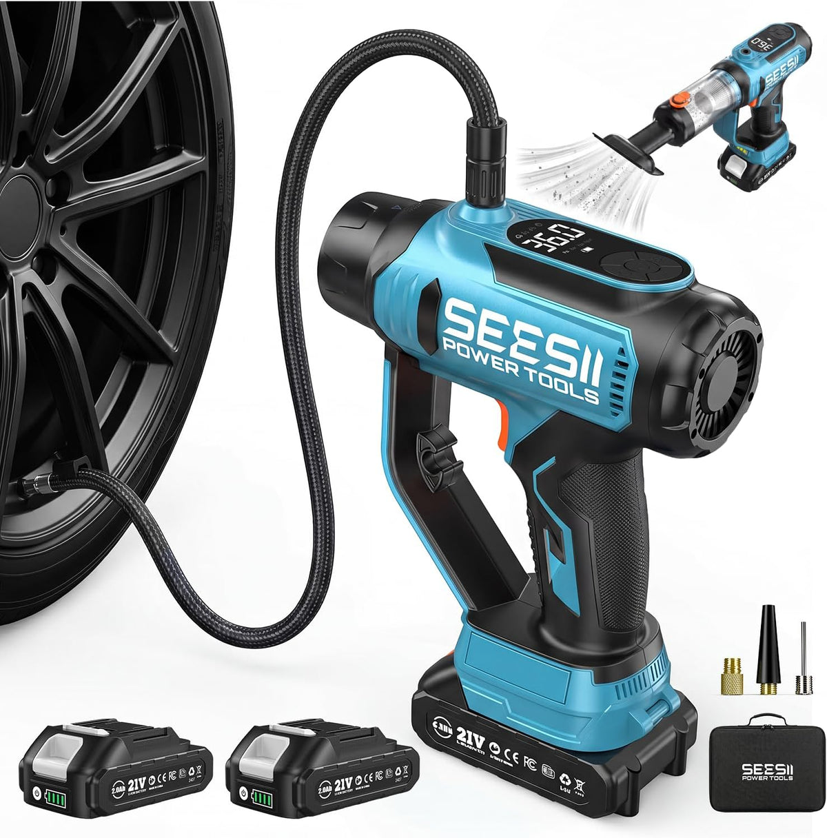 SEESII 3-in-1 Cordless Tire Inflator Air Compressor Car Vacuum & LED Light