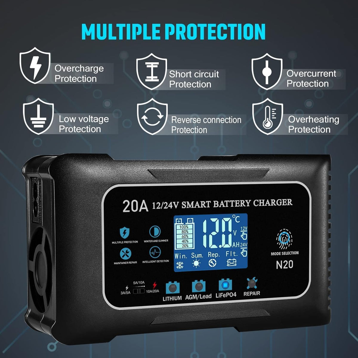 12V/24V 20A Car Battery Charger Maintainer Trickle Charger Lithium LiFePO4
