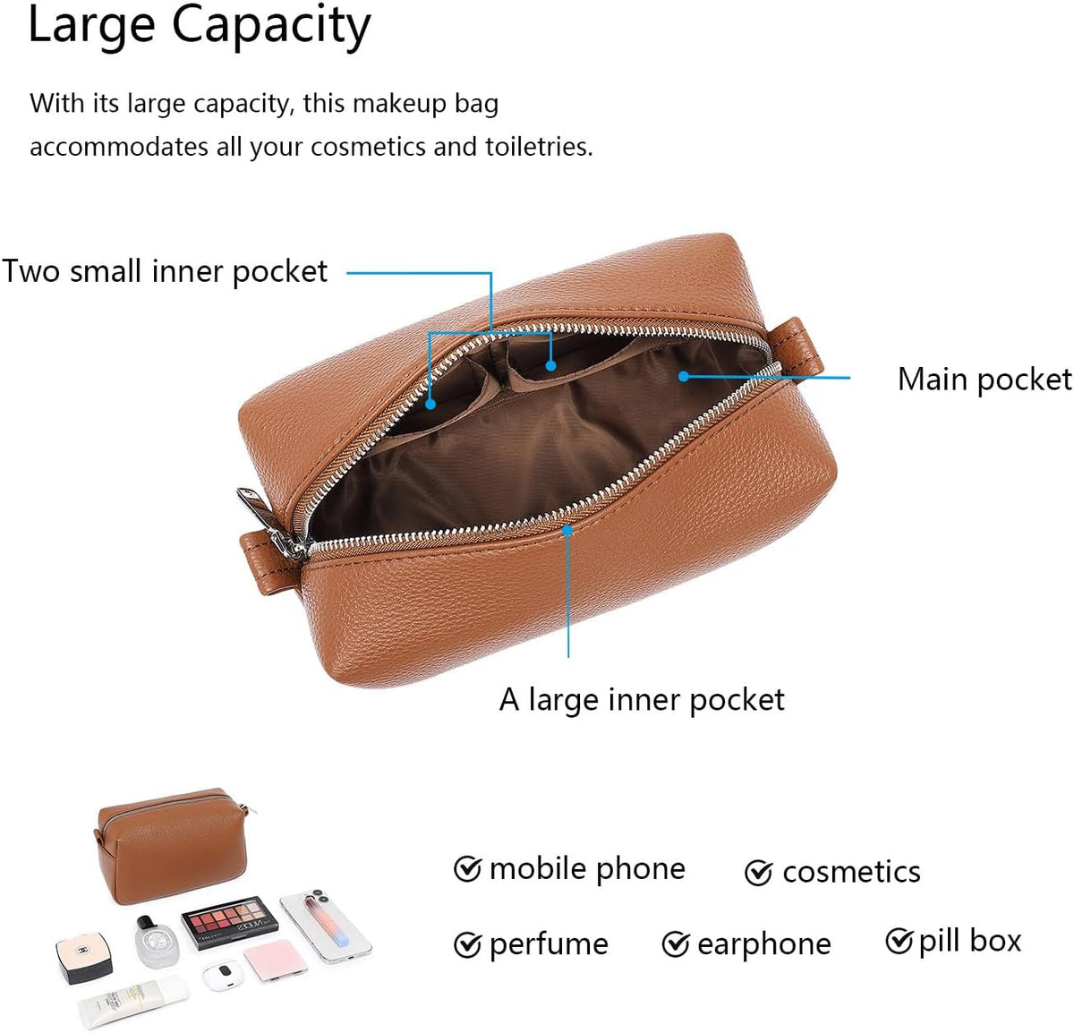 Travel Makeup Bag, Ring Clasp Wristlet Organizer (Saddle Brown)