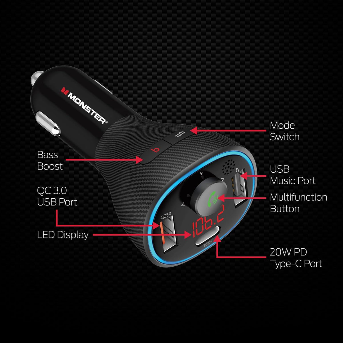 Monster Bluetooth FM Transmitter for Car Cigarette Lighter with 20W QC3.0 USB A & USB C PD Charger, Bass Boost Button, Flash Drive Port, Google Voice & Siri Compatible, Hands-Free Calls, Microphone