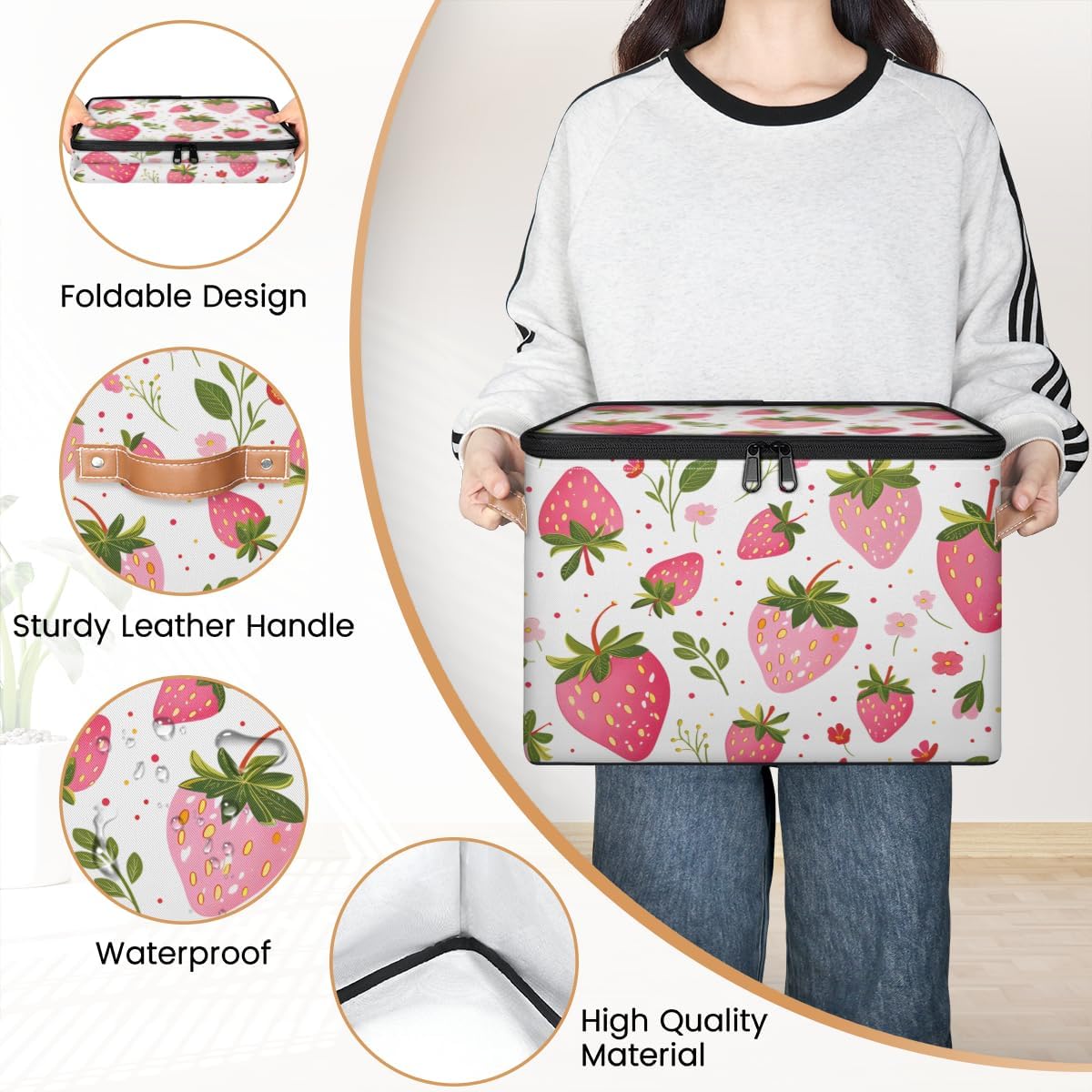 Storage Bin with Lid, Strawberry Stackable Closet Storage Bins, Decorative Bedroom Organizer Box, Lidded Baskets Living Room Storages Boxes Cube Organizer, Cute Container with Handles