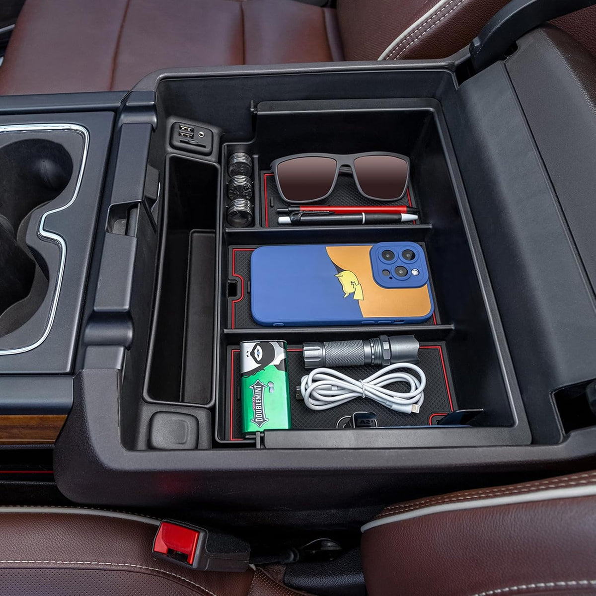TOPINSTALL Red Full-Size New Center Console Tray Compatible with 2014-2018 Chevy Silverado/GMC Sierra and 2015-2020 Chevy Tahoe/Suburban/GMC Yukon/Yukon XL (Full Console w/Bucket Seats ONLY)
