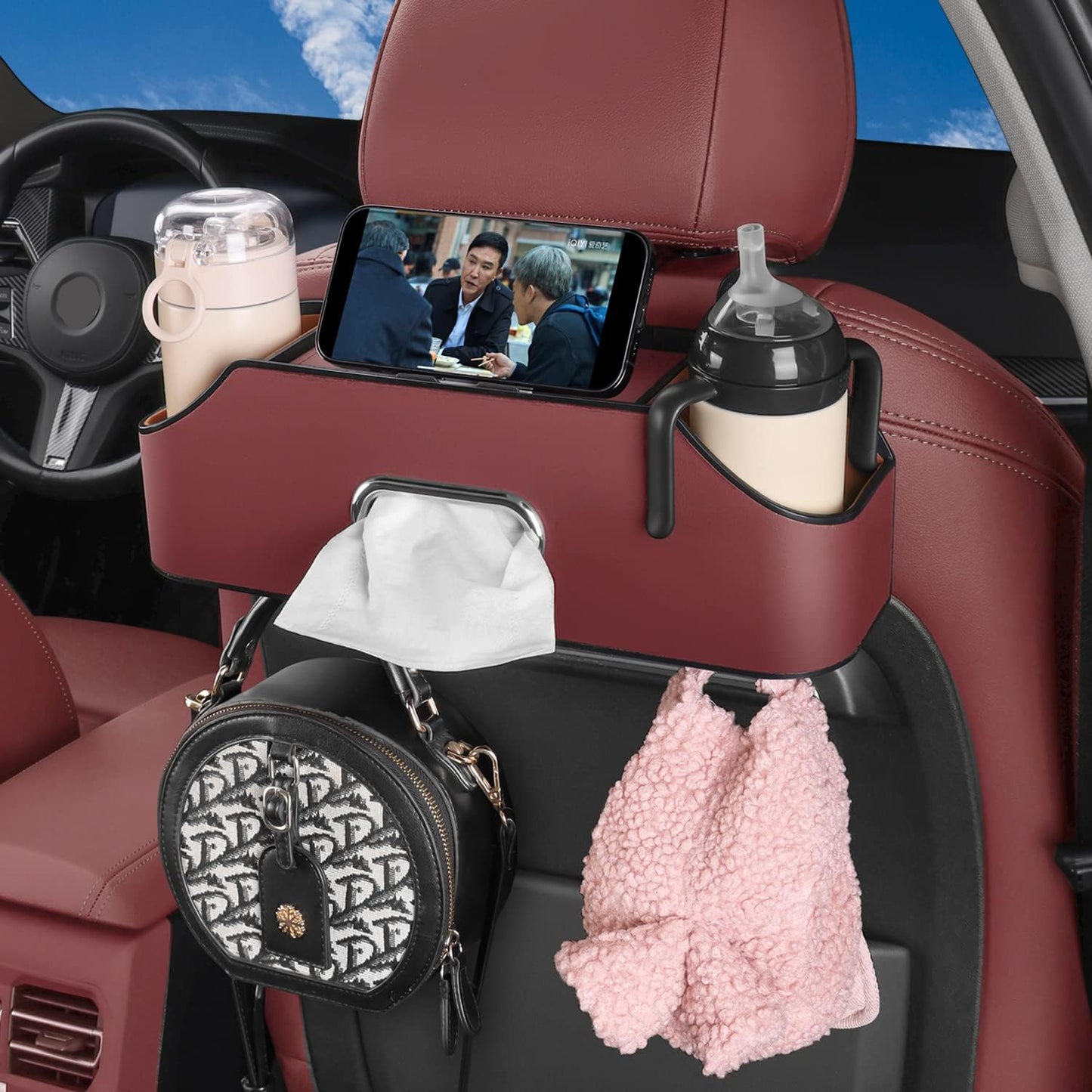 HOLDCY Car Back Seat Organizer with 2 Drink Cup Holder - Tissue Box and Storage Box Hook - Multi-functional Storage - Great for Kids and Travel (Red)