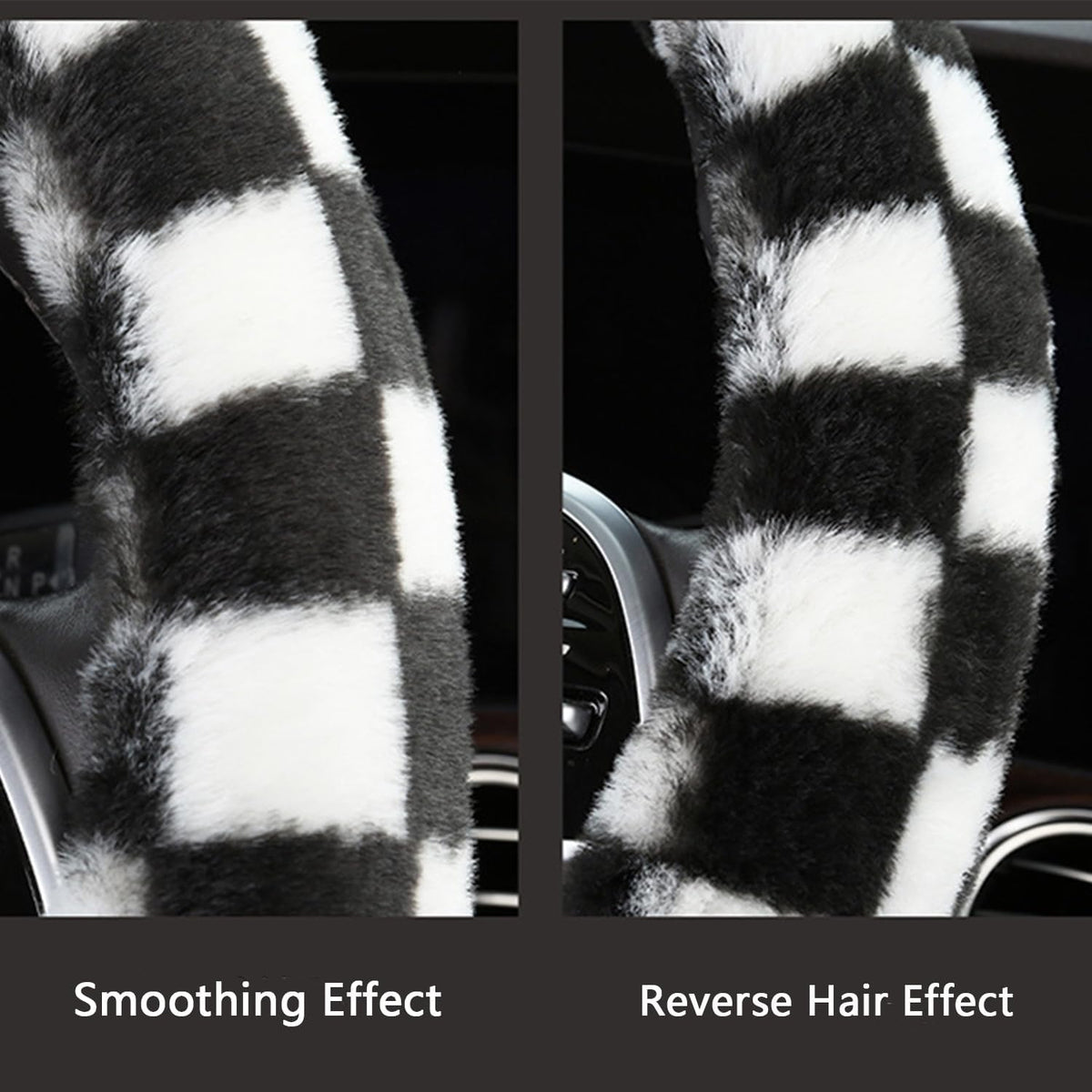 Black and White Checkered Fuzzy Steering Wheel Cover for Women, Universal Auto Steering Wheel 14-15 Inch Soft Warm Car Interior Accessories with 2PCS Car Coasters, Suitable for Men and Women