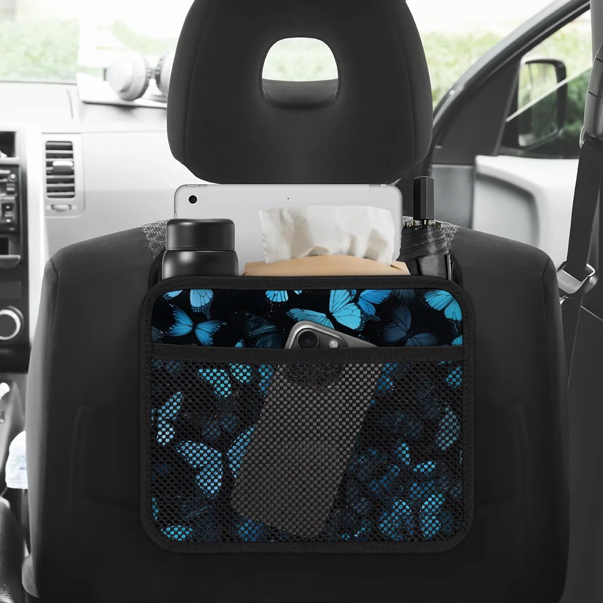 Car Backseat Organizer, PU Leather Back of Seat Cars Hanging Organizer with Pockets Leakproof Car Garbage Bag Hanging Cars Seat Storage Box Travel Accessories Foldable (Blue Butterfly)