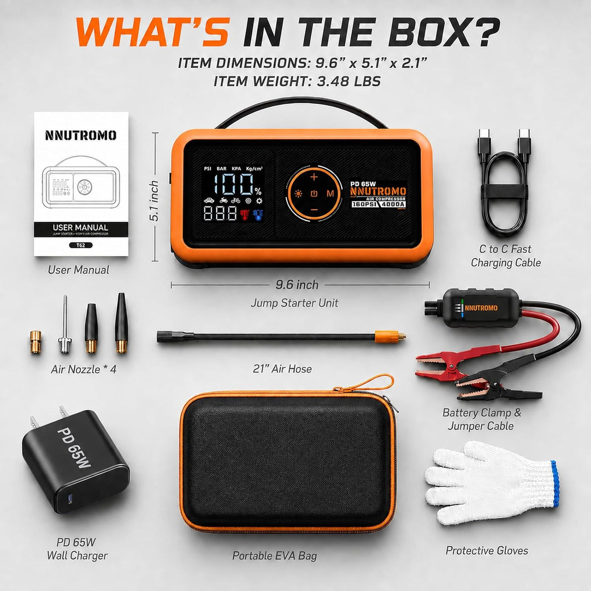 4000A Jump Starter with Air Compressor, 65W USB-C Fast Charging, 24000mAh