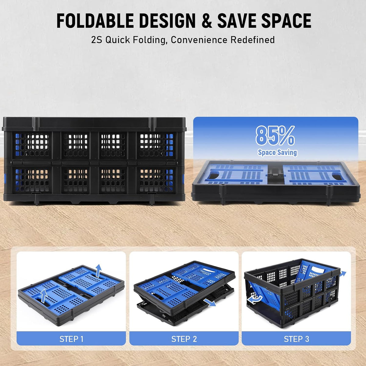 Garvee Heavy Duty Milk Crate Collapsible - 55L Foldable Storage Crate with Handles, Stackable Plastic Crates for Groceries, Moving, Camping & Car Storage (Blue)