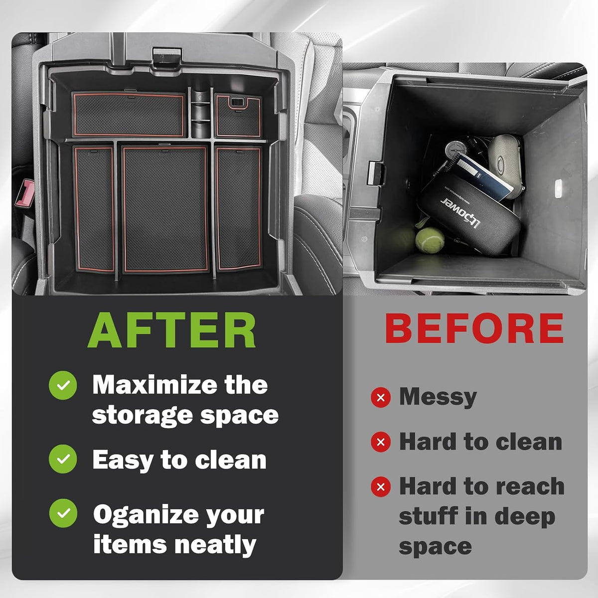 Muslogy Center Console Organizer For 2023-2026 Ford F250 F350 F450 Super Duty Accessories Custom Fit Storage Box Divider(Fit with OEM Tray), Fits Bucket Seats Only, Not for Work Surface Console(Brown)