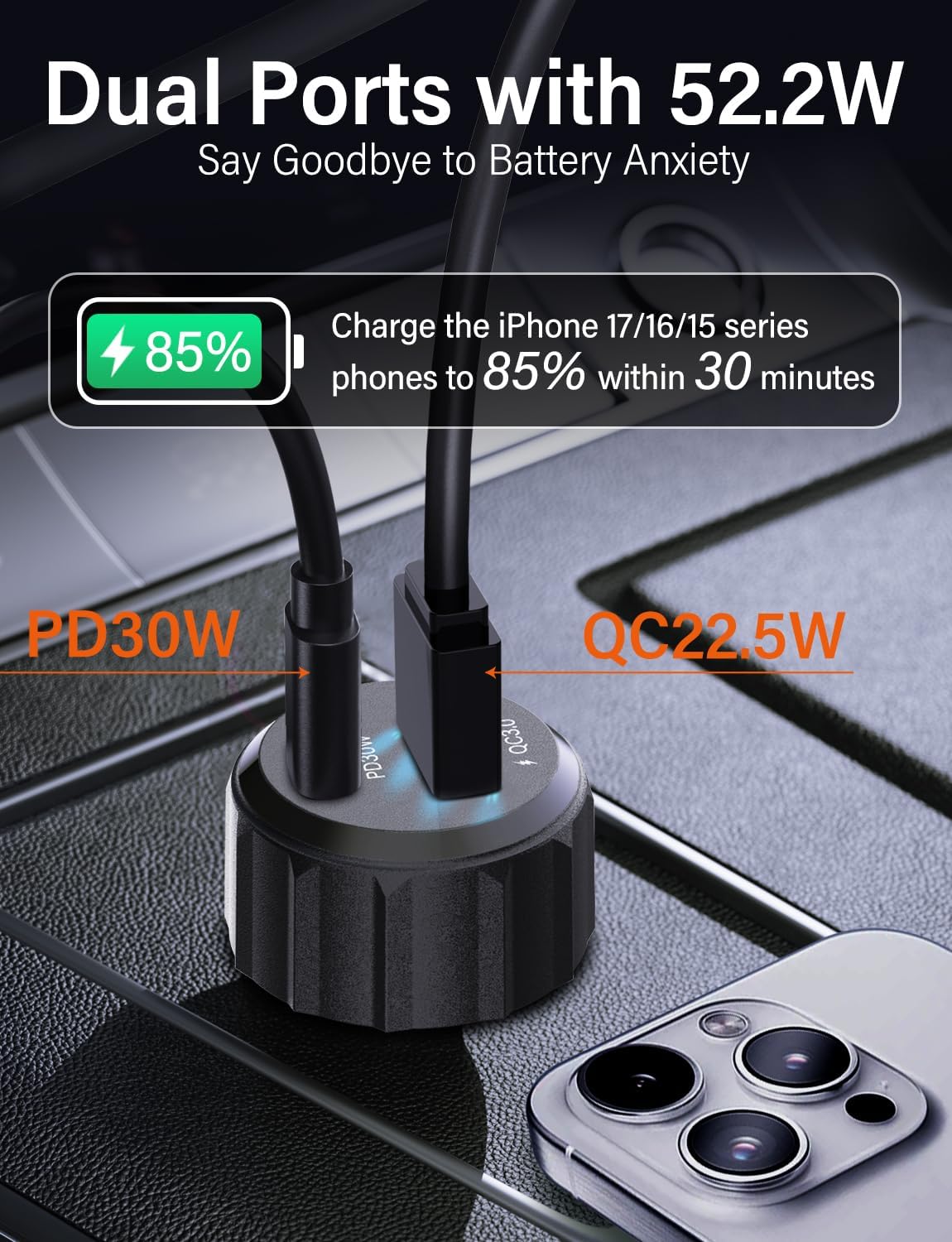 Car Charger USB C, 52.5W 2-Port PD Fast w/Cable, 2 Pack