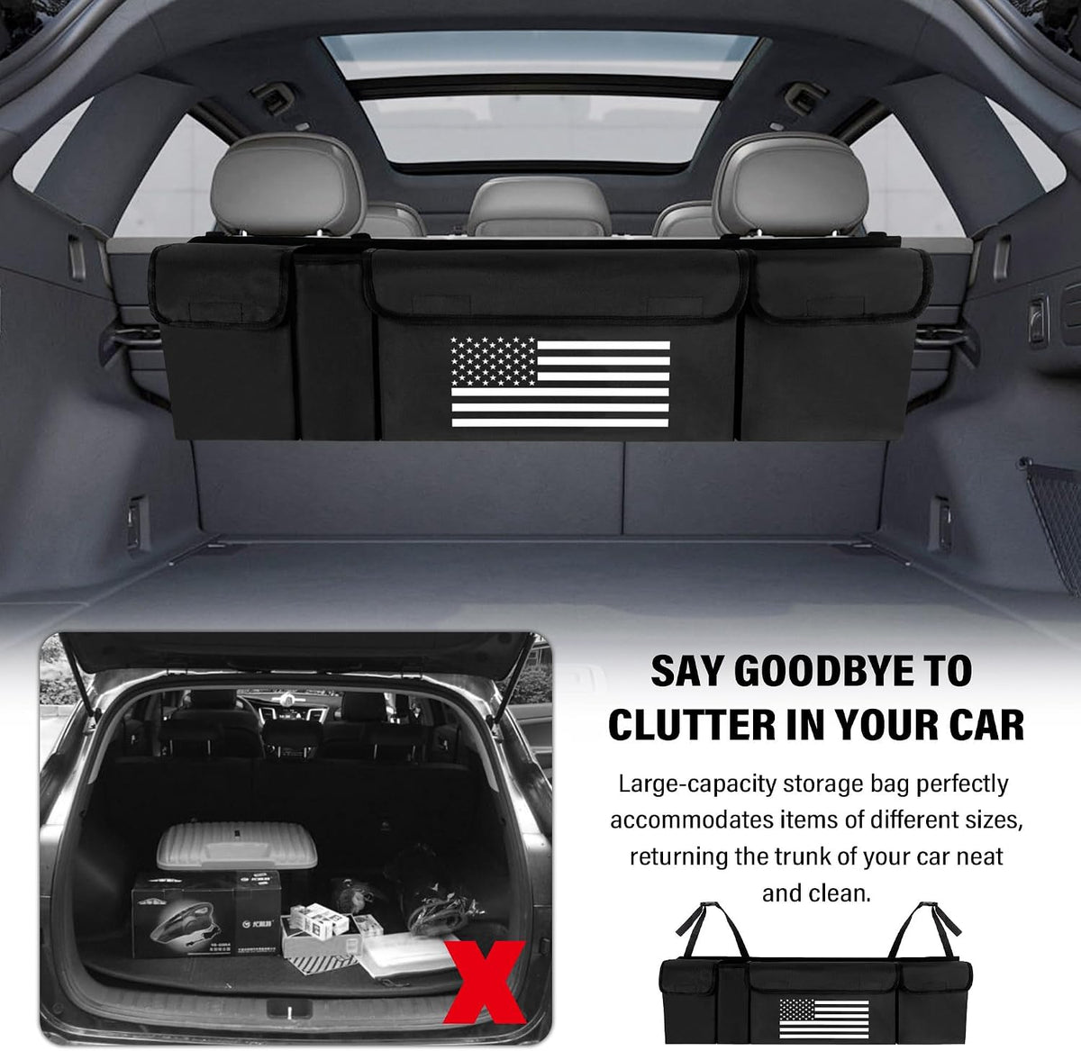 Turcee Car Trunk Organizer,Large Capacity Car Storage Organizer with US Flag Design,Hanging Foldable Car Organizers and Storage Car Interior Accessories (Black)