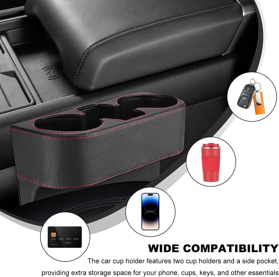 Car Seat Gap Filler Organizer, Multifunctional Auto Console Side Storage Box with Cup Holder, Universal PU Leather Cup Holder Front Seat Crevice Filler for Car Truck SUV (Black)
