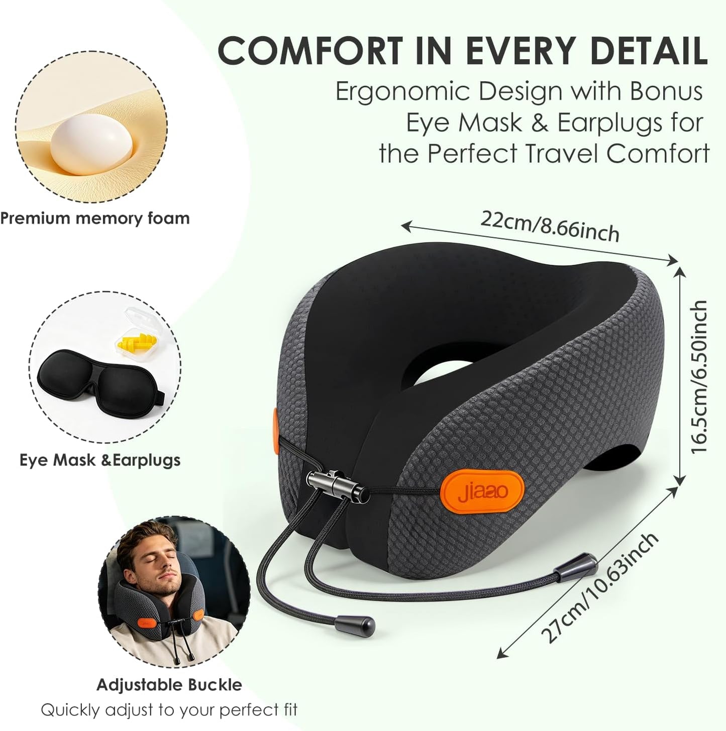 Ergonomic Travel Pillow,100% Memory Foam Travel Neck Pillow For Airplanes | 360 Neck & Chin Support Airplane Pillow For Long Flights,Airplane Travel Essentials With 3d Eye Mask, Earplugs,Carry Case