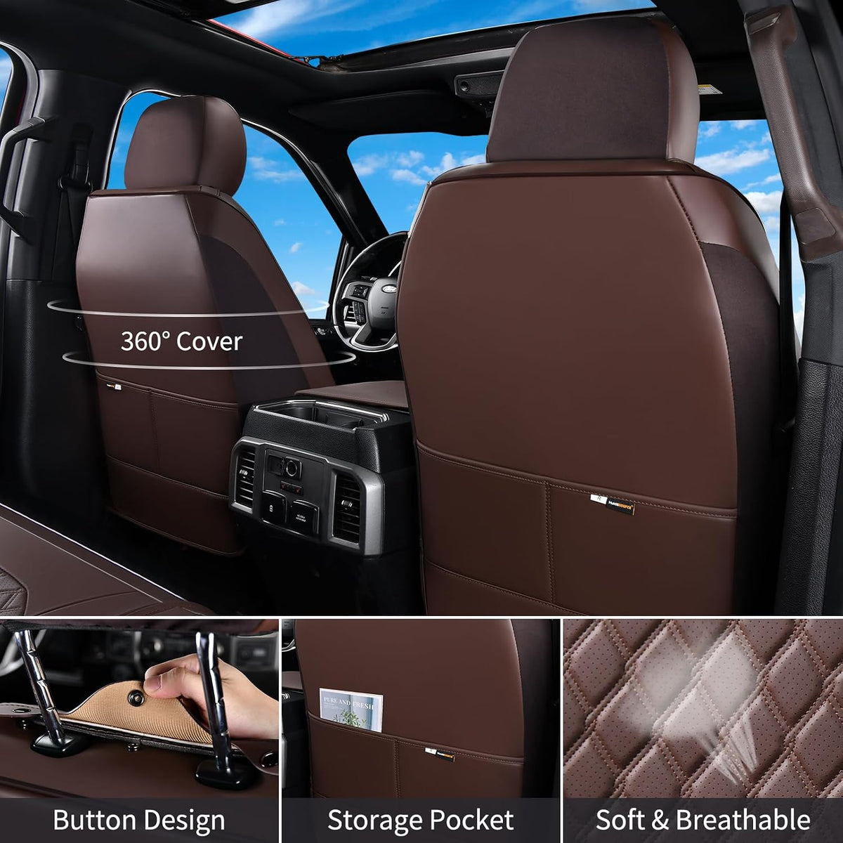 Huidasource Ford Custom Seat Covers, Car Seat Cushion Cover Fit for 2015-2026 Ford F150 SuperCrew & 2017-2026 F250 F350 F450 Super Duty Crew Cab XL XLT Lariat King Ranch Platinum(Full Set/Coffee)