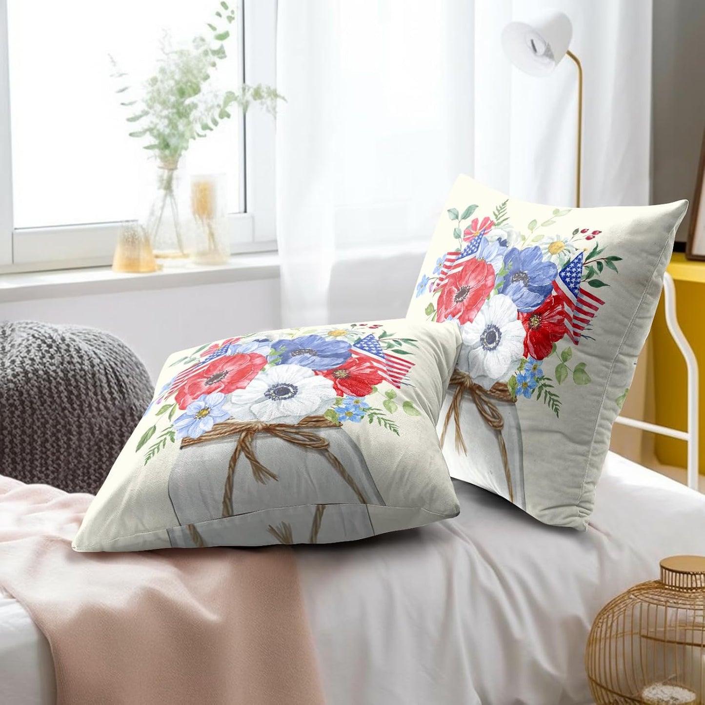 4th of July Pillow Covers 18X18 in Set of 2 American Flag Flowers Floral Patriotic Decorative Cotton Line Pillowcases for Sofa Couch Independence Day Memorial Day Home Decor