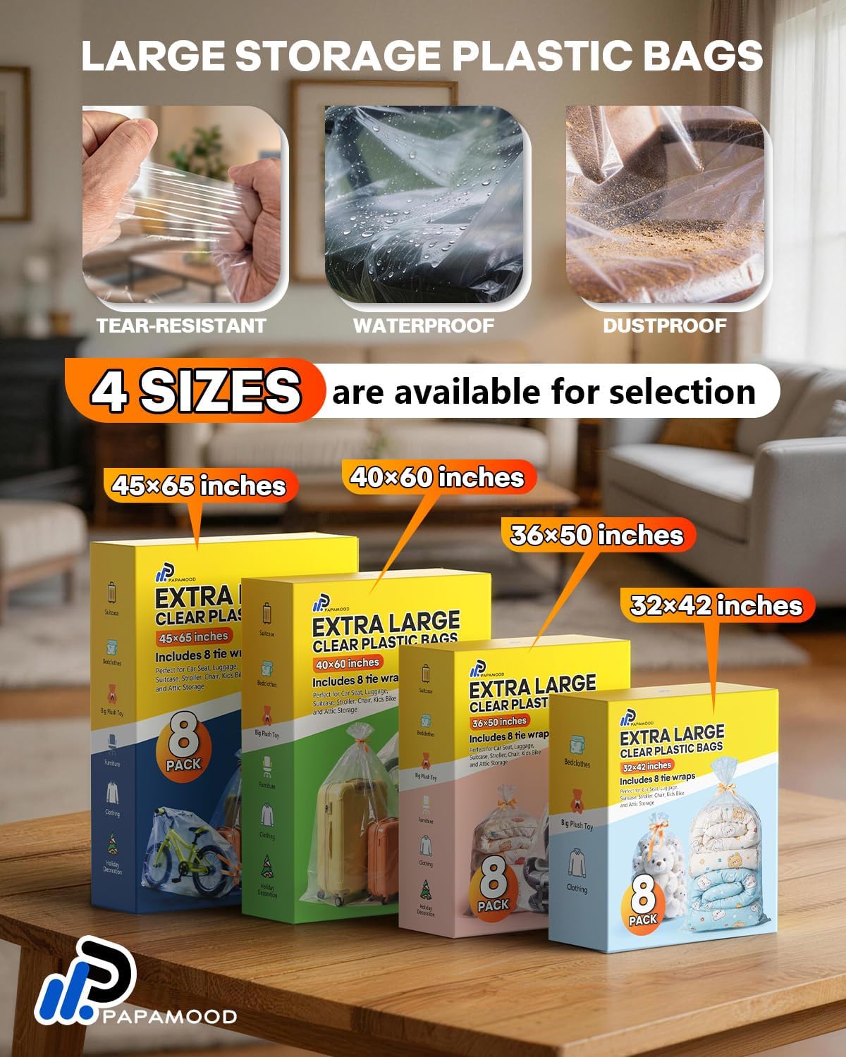 40x60 Inch Extra Large Clear Plastic Storage Bag for Luggage Cover, 8 Pack | 2 Mil Thick Poly Flat Bags for Suitcase/Rug/Car Seat/Stroller/Chair/Xmas Tree Cover, Attic Basement Garage Storage Moving Bag