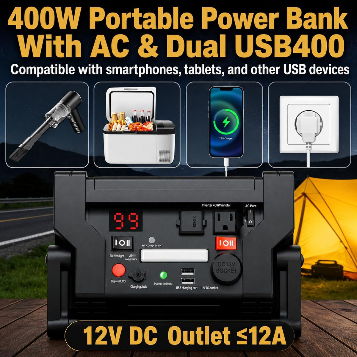 2000A Car Jump Starter with Air Compressor, Portable Power Station with 400W Inverter, 12V Battery Booster for Up to 8.5L Gas/Diesel Engines, Dual AC/DC/USB Outputs for Cars, Trucks, Camping (Black)